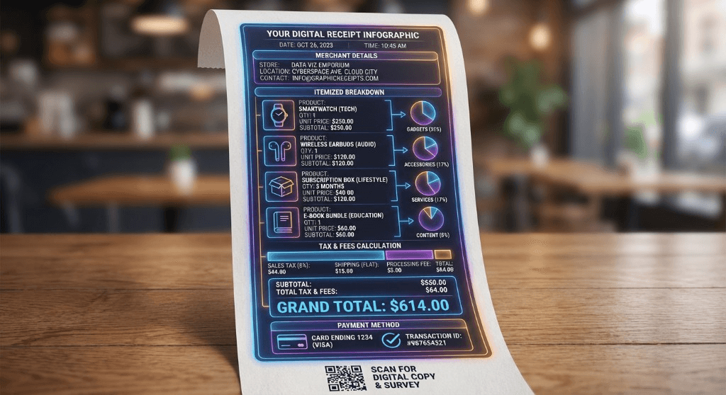 Digital itemized receipt infographic showing modern receipt format with itemized breakdown