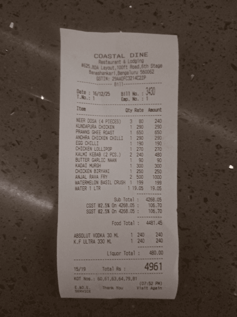 Example of an itemized restaurant receipt showing food items and line items