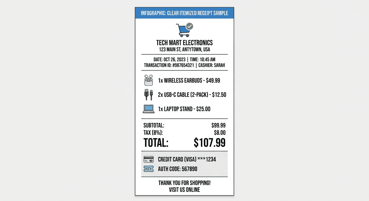 Clear itemized receipt sample example showing line items and breakdown