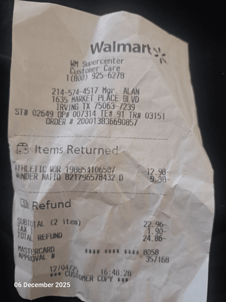 Example of an itemized refund receipt showing returned items