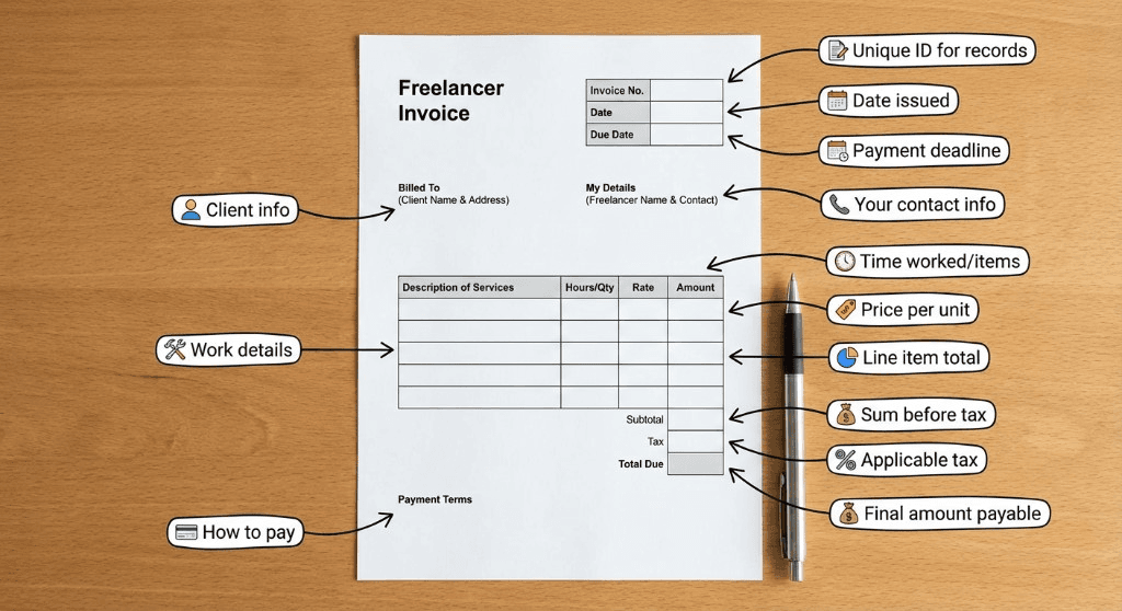 Digital freelance invoice template example on laptop