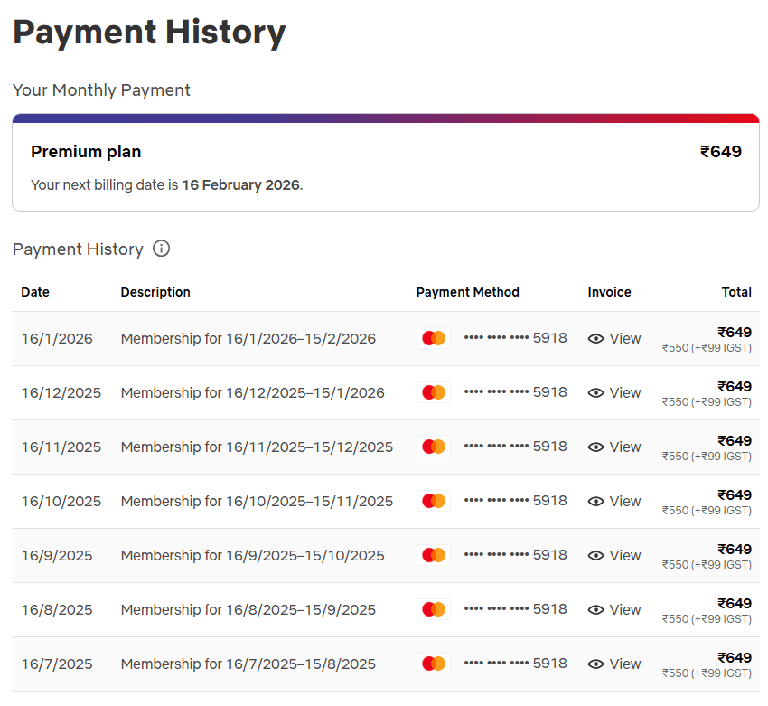Netflix Payment History table showing past transactions and invoice view buttons - How to print Netflix receipt