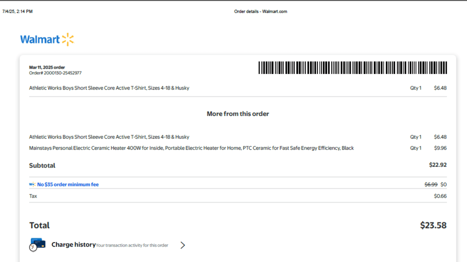 Walmart receipt showing order details, items, barcode, and total