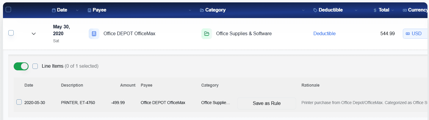 AI receipt scanner app showing line item extraction - expense detail with automated categorization, deductible detection, and Save as Rule feature