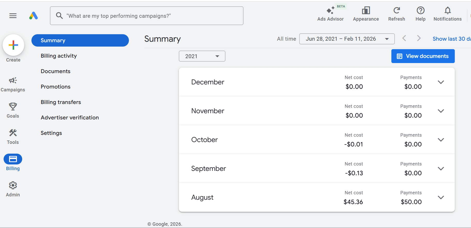Google Ads Billing Summary Screenshot showing monthly net cost and payments