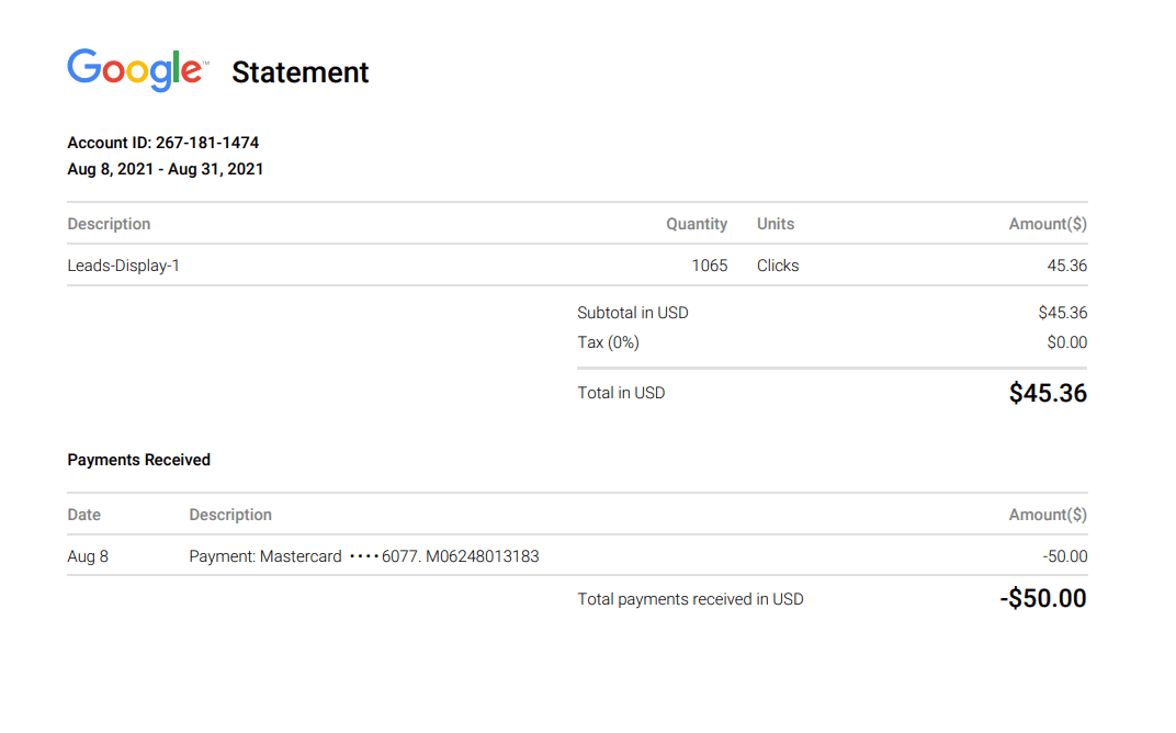 Google Ads Receipt payment breakdown showing ad spending details and payments received