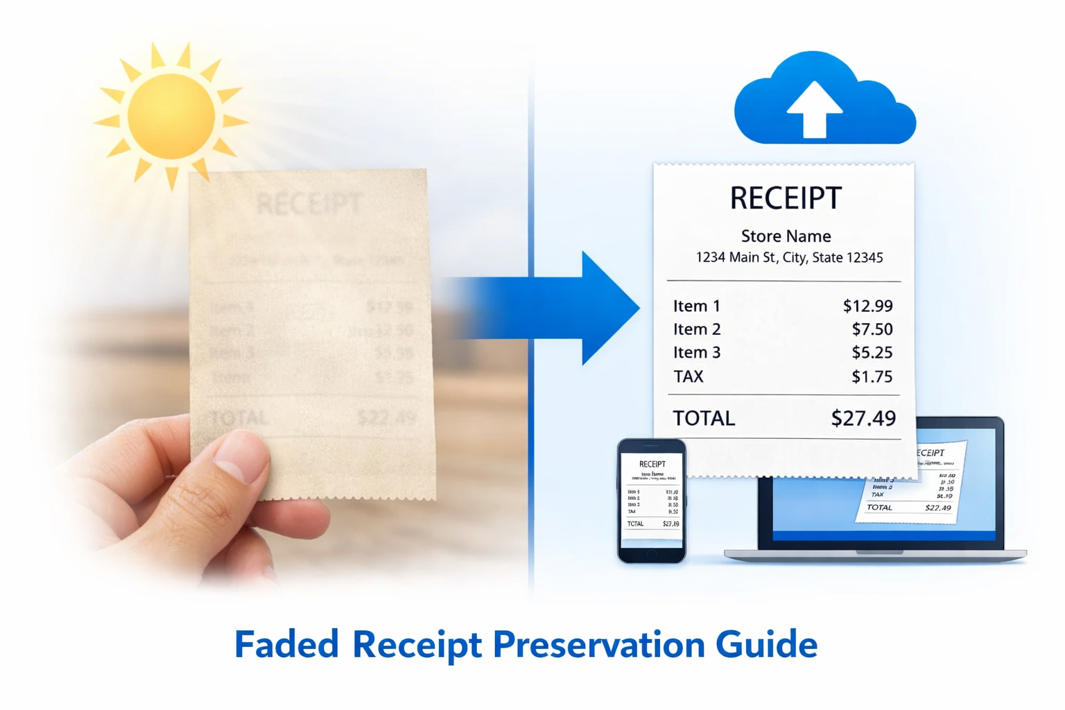 Faded thermal receipt digitized and preserved in cloud; clear digital copy on devices